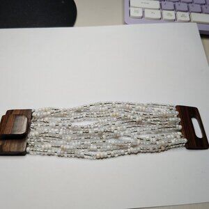 Artisan Multi-Strand Beaded Bracelet with Carved Wood Clasp